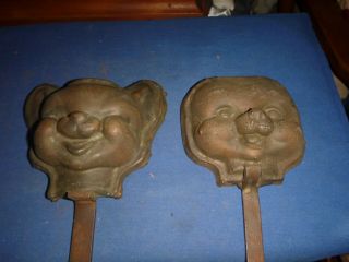 Pair (2) Antique Vintage Metal Doll Head Mold Brass Or Bronze Cat And Dog ?