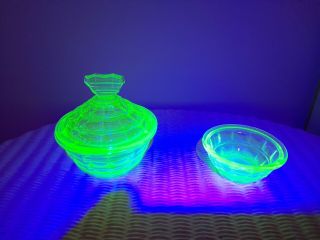 Uranium Green Pressed Glass Powder Bowl And Trinket Bowl,  Art Deco