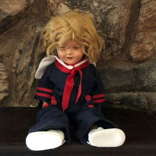 Vintage Ideal Shirley Temple Composition Doll 16” Antique Toy Blue & Red Sailor
