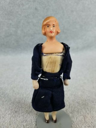 5 " Vintage Bisque Cloth German Miniature Lady Dollhouse Doll With Molded Hair