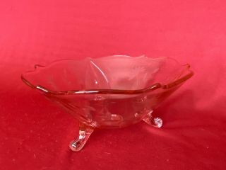 Pink Footed Vintage Depression Glass Bowl 8 - 1/2 " Wide 3 - 3/4 " Tall Etched Flowers