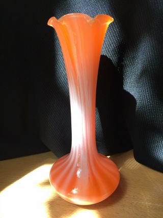 Retro Blown Cased Art Glass Bud Vase Orange And White Stripe,  Ruffled Rim 20 Cm