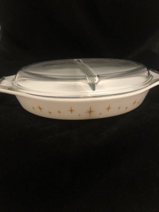 Pyrex 1 1/2 Quart Covered Divided Oval Shaped Casserole Gold Star Constellation