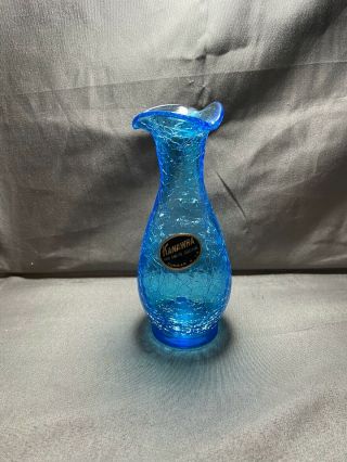 Blue Cracked Glass Single Flower Kanawha Vase Hand Crafted Dunbar West Va