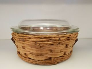 Vintage Pyrex Casserole Dish With Lid In Wicker Basket Leather Handles Corning