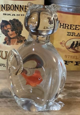 Clear Hand Blown Art Glass Cat With Orange Fish In Belly Figurine/paperweight.