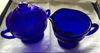 Vintage Cobalt Blue Set Sugar Bowl And Creamer Pitcher Cup 4 " Tall Embossed