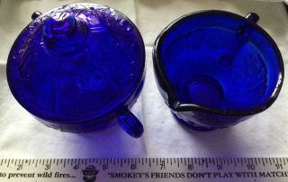 Vintage Cobalt Blue Set Sugar Bowl and Creamer Pitcher Cup 4 