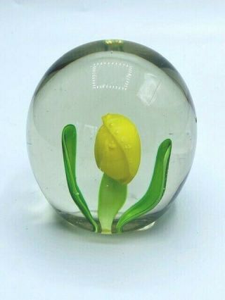 Vintage Art Glass Paperweight With Yellow Flower Inside