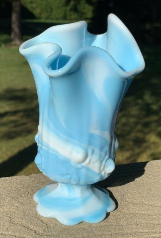 Fenton Blue And White Marbled Slag Glass Handkerchief Vase Cabbage Rose