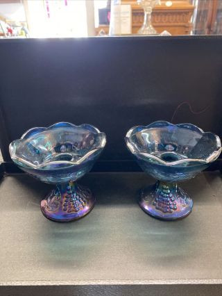 Vintage Blue Carnival Candle Stick Holder Harvest Grape Indiana Glass Pair