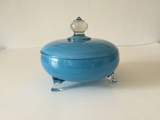 Vintage Art Deco Blue Depression Glass Covered Footed Candy Dish