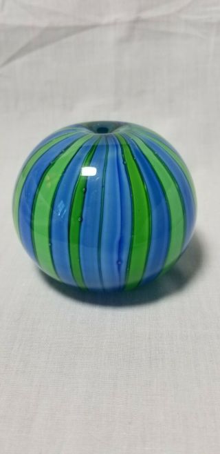 Glass Paper Weight Blue And Green Stripes 3 " Light Base Not