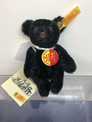 4” Tall Steiff Mohair Black Teddy Bear Jointed 1985 With Tags U