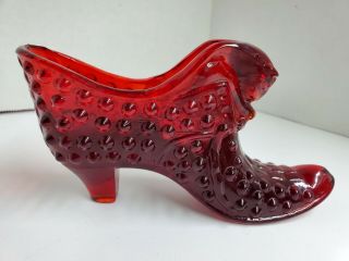 Vintage Fenton Ruby Red Art Glass Hobnail Shoe Slipper Booty Cat Head