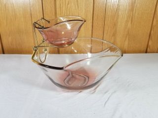 Vintage Anchor Hocking Mcm Cranberry Red/clear Glass Chip & Dip Bowl Set Holder