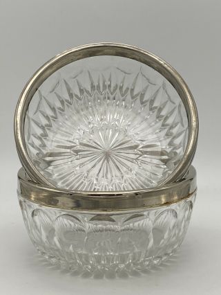 (2) Vintage Crystal Glass Bowls Silver Plate Rim 4.  75 " Thumbprint Starburst