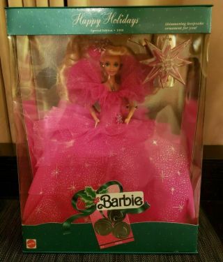 Vintage 1990 Happy Holidays Barbie Doll Blonde Pink Dress Mattel Nib Christmas