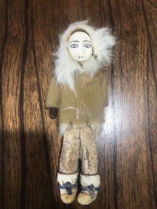 Vintage Inuit Alaskan Eskimo Handmade Doll - Leather Fur - Signed Iya Tunguk - 6 " Tall