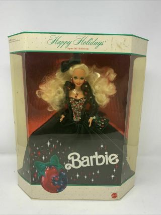 Vintage 1991 Happy Holidays Barbie Doll Blonde Green Dress Mattel Nib Christmas