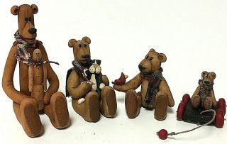 Artist Signed Ooak Winter Teddy Bear Polymer Clay Figurine Set Of 4 By Sue Anne