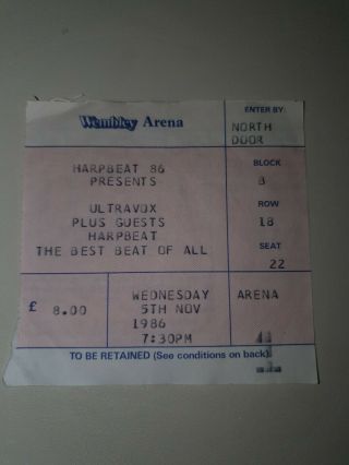 Ultravox Midge Ure 5th November 1986 Concert Ticket Wembley Arena