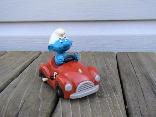 The Smurfs Wind - Up Smurf Runabout Red Car 1982 Galoob Sports Vehicle Vintage