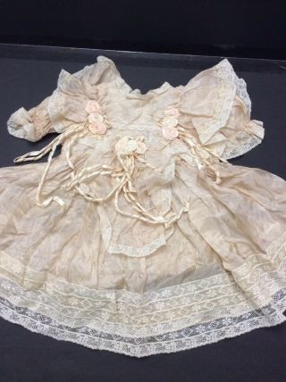 Vintage Antique Doll Dress Silk Lace Roses Baby French German Ivory Playpal