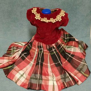 Vtg Antique Red Velvet Plaid Doll Dress For 10 " Or 12 " Doll