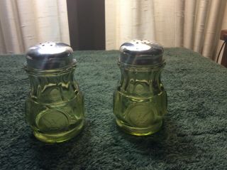 Vintage Fostoria Coin Glass,  Olive Green,  Salt And Pepper Shaker Pair.  Unique
