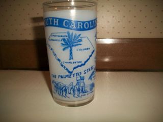 Vtg Frosted South Carolina State Map Drinking Glass Hazel Atlas W/ Blue Pyro