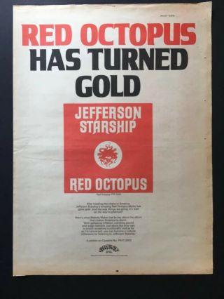 Jefferson Starship 1975 13x17” Red Octopus Album Turns Gold