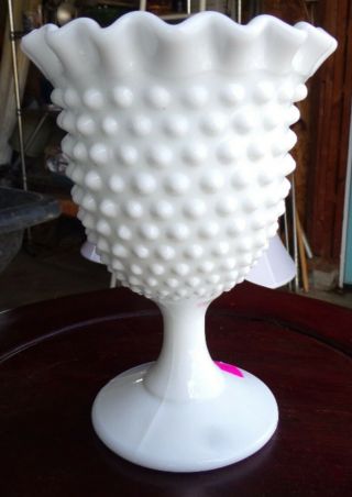 Fenton White Milk Glass Hobnail Compote Pedestal Vase Ruffle Edge
