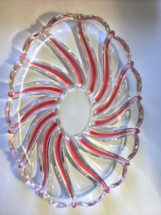 9.  5 " Mikasa Glass Sweet Dish Peppermint Red Swirl Candy Dish Oval Platter