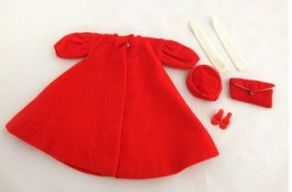 Vintage Barbie Red Flare 939 Velvet Coat Hat Long Gloves Purse Shoes