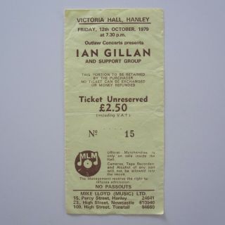Ian Gillan Victoria Hall Hanley Uk 1979 Concert Ticket Stub 12.  10.  79 Deep Purple