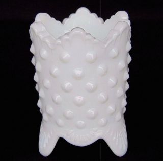 Fenton Hobnail White Milk Glass Toothpick,  Match Holder - Scalloped,  3 - Toed