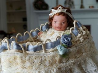 Dollhouse Miniature Artisan Porcelain Toddler Baby Girl Wicker Bed 1:12