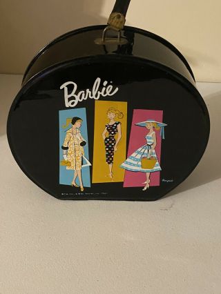 Vintage Barbie Doll Black Travel Case Round 1961 Storage Hat Box Rare