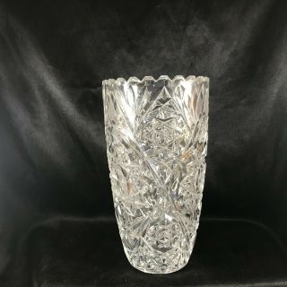 Heavy Vintage Lead Crystal Sunburst Cut Glass 9” Vase