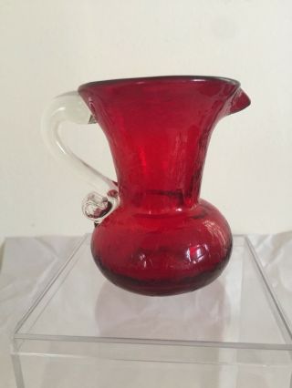 Ruby Red Crackle Glass Mini Pitcher West Virginia Art Glass Mid Century Vintage
