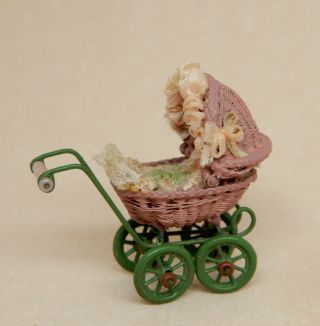 Vintage Wicker Baby Doll Carriage Nursery Toy Artisan Dollhouse Miniature 1:12