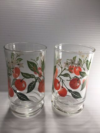 Vintage Libby Orange Juice Glasses Clear W/ Oranges & Green Leaves 4 " Set Of 2