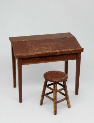 Vintage Antique School Desk & Stool Ron Gill Artisan Dollhouse Miniature 1:12