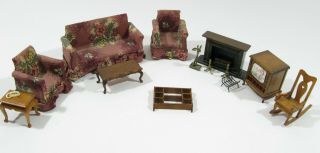 Vintage Doll House Wooden Living Room Furniture Sofa Chairs Fireplace Tables