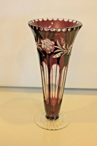 Czech Bohemian Cut To Clear Glass Crystal 10 1/2 " Amethyst Purple Footed Vase
