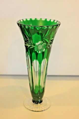 Vintage Czech Bohemian Cut To Clear Glass Crystal 10 1/2 " Green Footed Vase