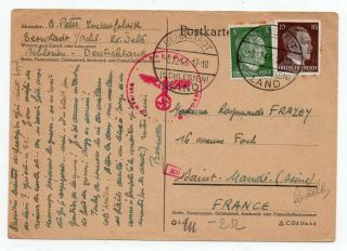 1943 Germany To France Censored Cover,  Very Scarce Cancels,  High Value