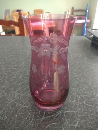 Cranberry Coloured Bohemian Glass Vase With Etched Decoration