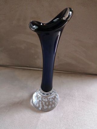 Vintage Jack In The Pulpit Art Bubble Glass.  Bud Vase Royal Blue Swedish